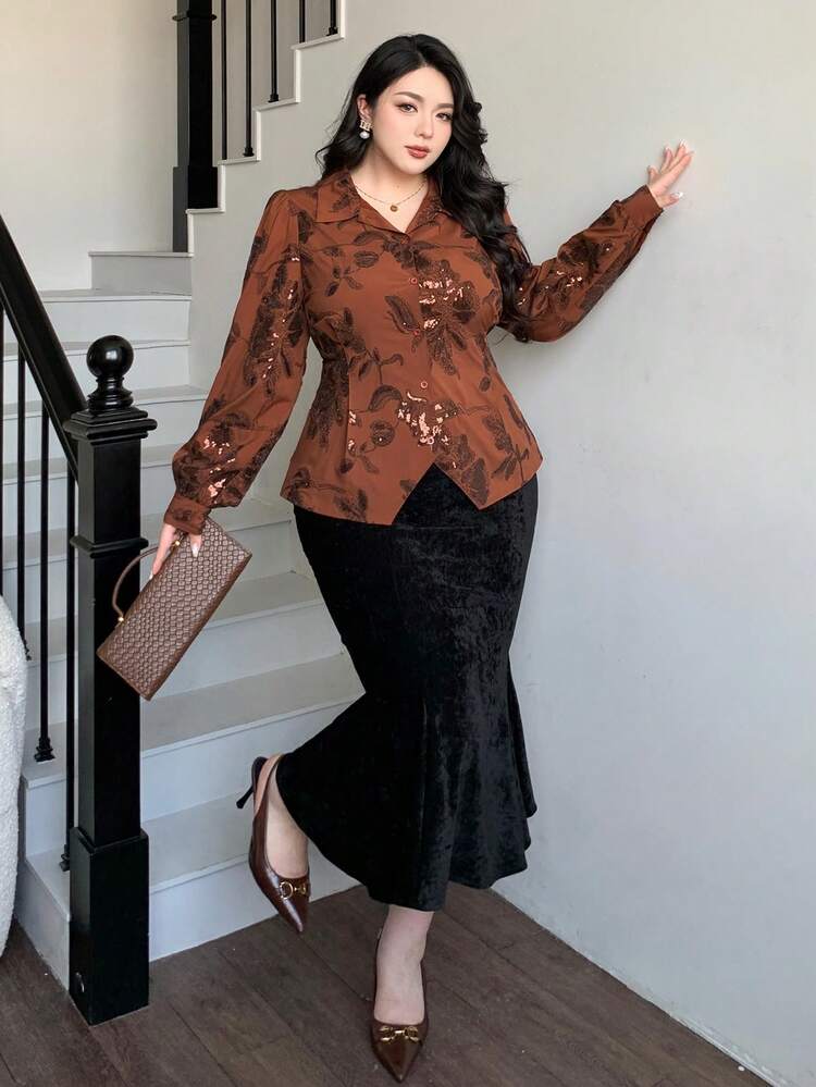 Dazy Plus Floral Embroidered & Sequin Decor Slim Fit Casual/Work Wear Collared Long Sleeve Blouse, Plus Size Women, Spring/Summer