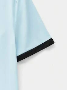 SWAVVY 男士休闲标准版型宽松短袖T恤，蓝色，撞色领口和袖口 - 藍色 - 查看 4