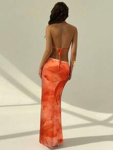 Aloruh Bộ đồ nữ gợi cảm in hoa, gồm áo crop top hở lưng buộc dây và chân váy đuôi cá xếp ly có dây rút, thích hợp cho mùa hè. - Nhiều màu - Xem 2