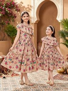SHEIN Tween Girl Beige Flower Print Asymmetric Ruffle Trim A-Line Waist Belt Deco Khaki Floral Print Dress, Suitable For Girls Festivals, Family Gatherings And Special Occasions, Sibling Outfits Sisters Style Outfit, Cute & Elegant & Sweet & Vintage & Fashionable. Spring And Summer, فساتين بنات, فساتين بنات جلابياتjalabiya  عباياتabaya  الملابس التقليدية العربية - Khaki - View 4
