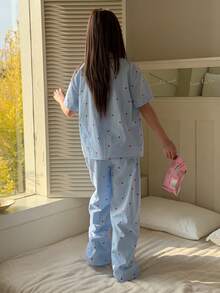 DAZY Tween Girls Heart Print Contrast Trim Loungewear Set, Fall Spring - Blue - View 5