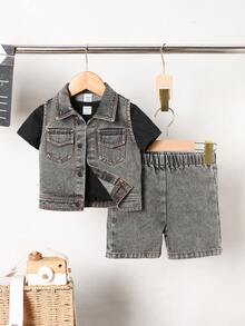 SHEIN Baby Boy Sleeveless Denim Pocket Vest & Adjustable Waist Denim Shorts 2pcs Set, Casual Streetwear Summer Outfit For Infant/Newborn Boys - Black - View 3