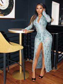 BamGleam 女士蕾丝深V领性感长袖连衣裙 - 淺藍色 - 查看 7