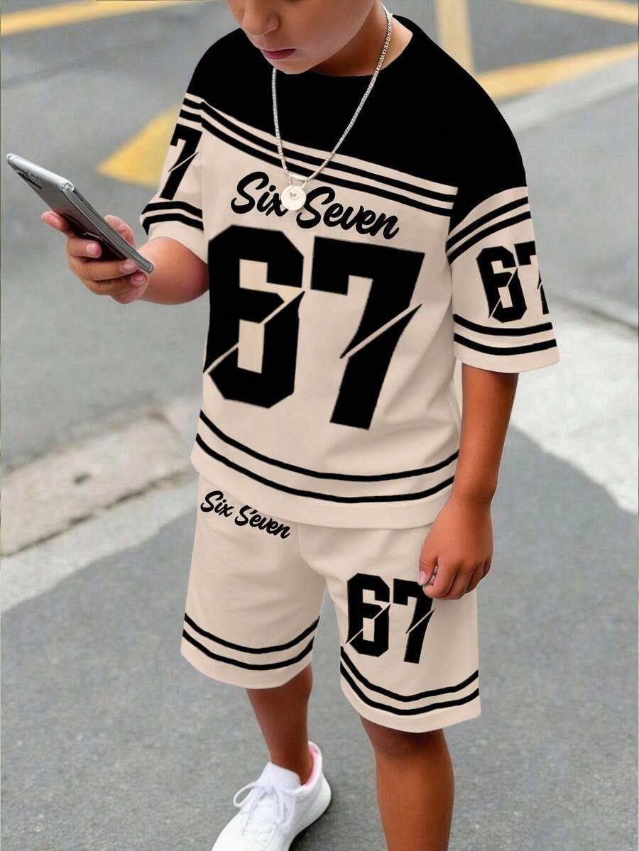 SHEIN Coolqubz 2pcs/Set Boys Casual Stylish Creative Personalized Refreshing High-End Simple Numeric 67 Striped Black & Beige Graphic Letter Slogan Print Relaxed T-Shirt And Shorts Set, Comfortable Daily Wear, Suitable For Spring, Summer, Autumn Boy 7y Clothing Boy Jersey Outfits Big Boy Clothes Boy 2 Piece Set - Multicolor - View 1