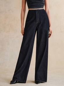 Anewsta Women's Knotted Waist Loose Wide Leg Casual Denim Jeans - Dark Wash - View 3