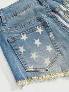 ROMWE Grunge Punk Quần short denim siêu cạp thấp in hình ngôi sao và sọc Y2K Baddie - Màu xanh lam - Xem 4