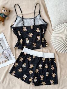Teen Girls Spring & Summer Valentine's Day, Home, Clean Girl/American BM Style, Lace Trim Bow Bear Pattern Camisole And Shorts Set - Black - View 2