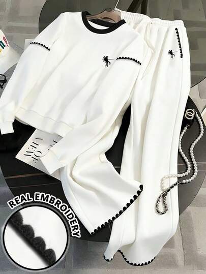 Resyla 女士两件套，包括Paul Ma印花圆领长袖宽松时尚撞色贝壳线女士连帽衫和弹力高腰女士长裤，秋冬连帽衫上衣，舒适的秋冬女装，送给女朋友的礼物，新年礼物，母亲节礼物，圣诞节礼物