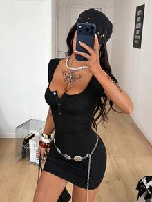 Coolane Đầm ngắn ôm dáng, chất liệu cotton dệt kim gân, kiểu dáng grunge, giặt mài, dành cho nữ, thích hợp mặc mùa xuân/hè. - màu đen - Xem 1