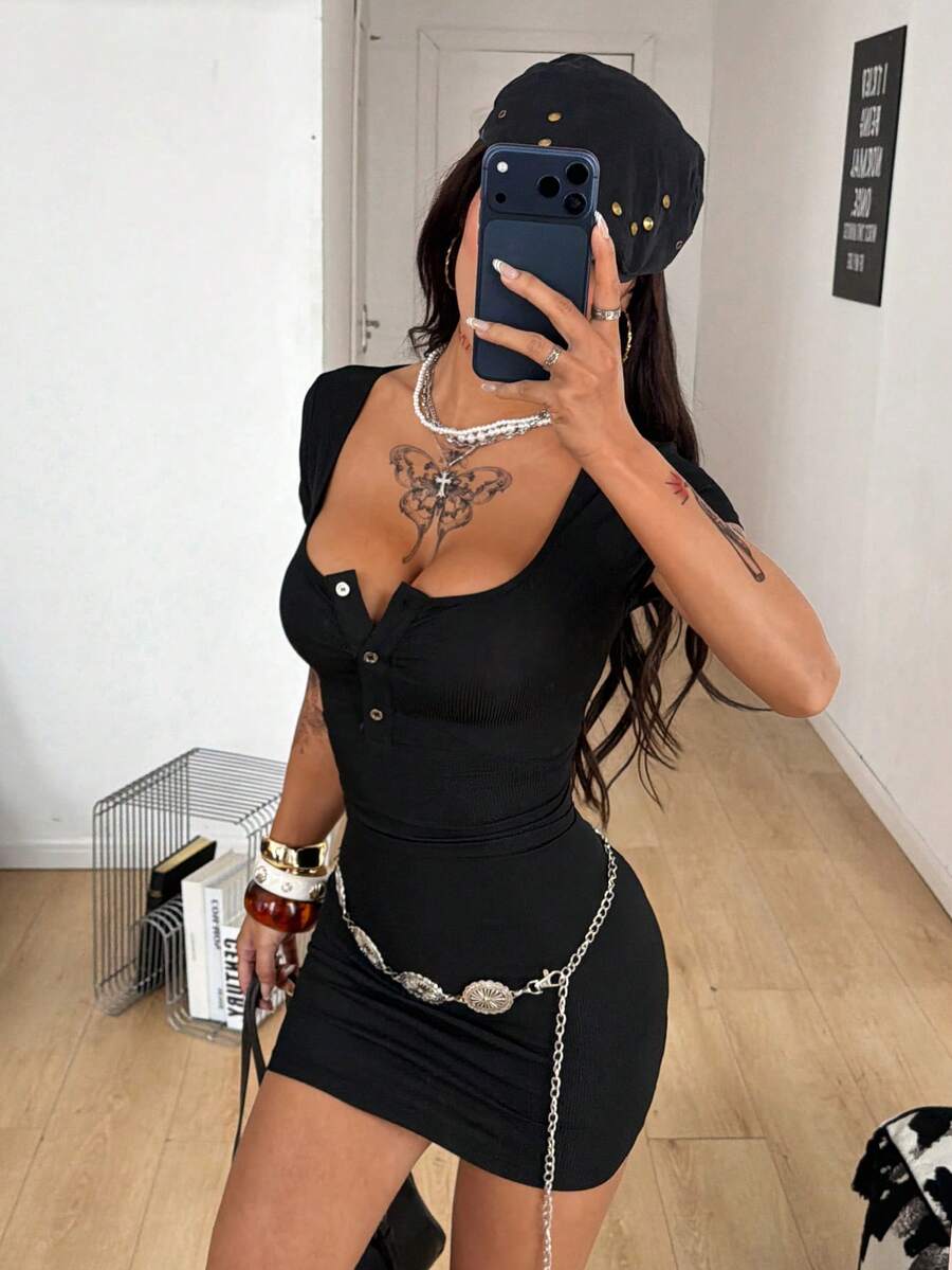 Coolane Đầm ngắn ôm dáng, chất liệu cotton dệt kim gân, kiểu dáng grunge, giặt mài, dành cho nữ, thích hợp mặc mùa xuân/hè. - màu đen - Xem 1