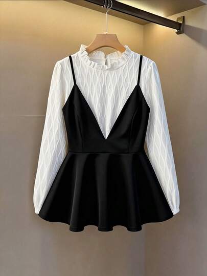 GlowEve CURVE Plus Size Women's 2 Pieces Black & White Outfit, Mesh Sheer Textured Long Sleeve T-Shirt And Black Camisole A-Line Backless Tank Top, Elegant Fashion, High Stretch Comfortable, Waist Cinching Slimming, Suitable For Parties, Gatherings, Commuting, Outings