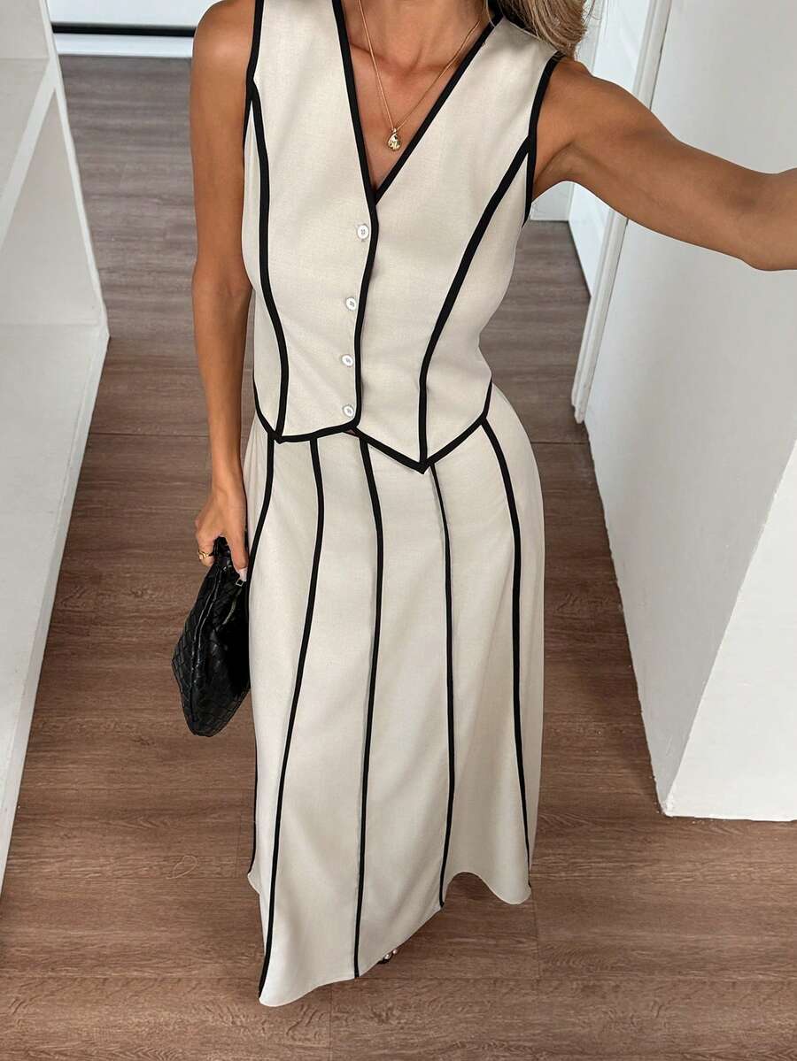 Elyressa 2pcs/Set Striped Print V-Neck Button Front Tank Top And Mini Skirt - Apricot - View 1