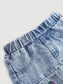 女婴樱桃刺绣蓝色牛仔百褶裙 - 淺色水洗藍 - 查看 3