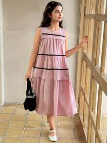 DAZY Tween Girls' Summer Casual Striped Ruffle Hem Sleeveless Dress - Purple - View 2