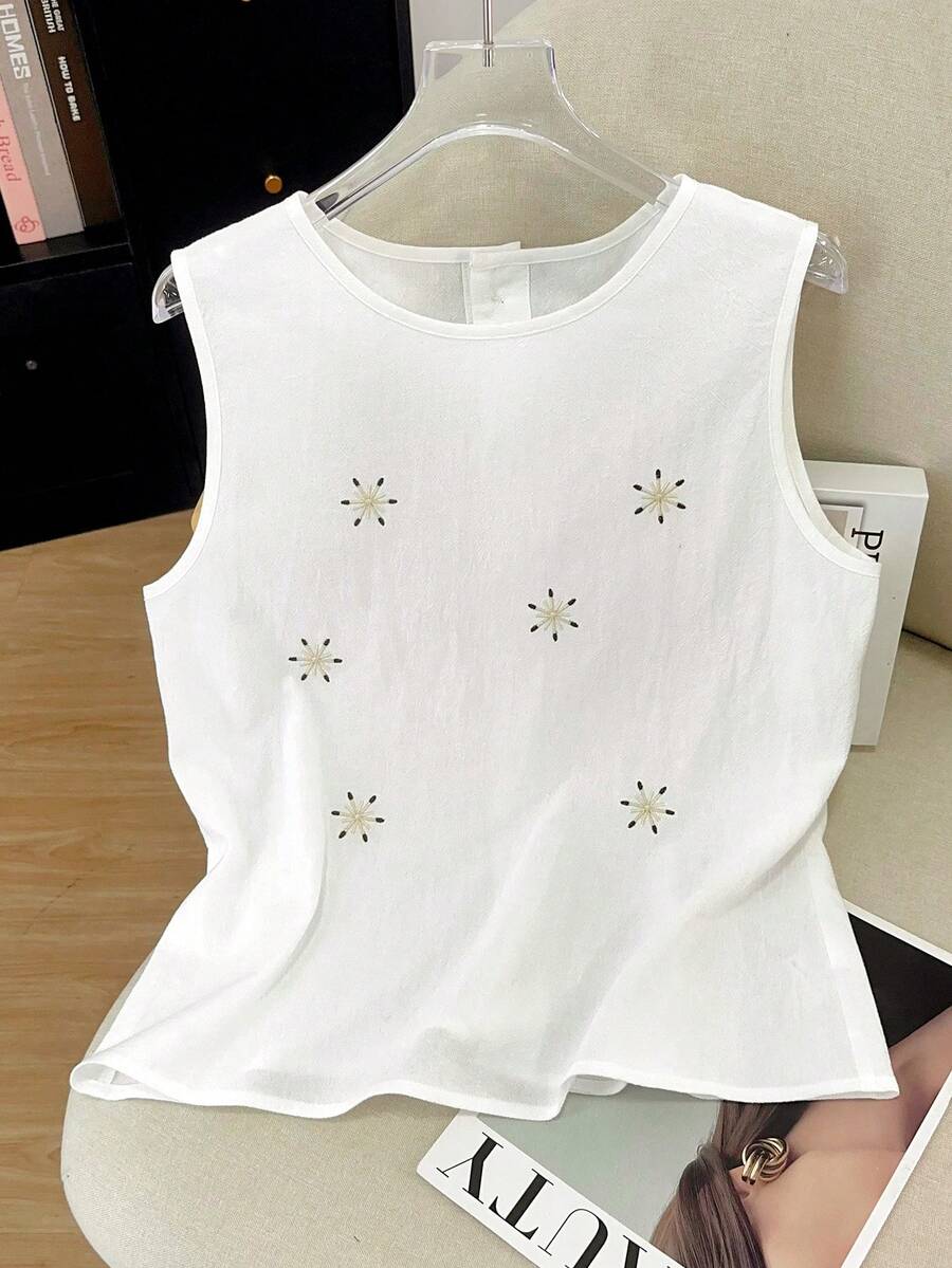 GlowEve 女士夏季无袖法式刺绣亚麻衬衫 - 白色 - 查看 1