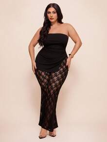 SHEIN BAE Plus Size Women's & Elegant Black Lace 2-Piece Set,Bandeau Top & Flare Pants,Summer Formal Evening Night Out Club Outfit,Wedding Guest,Curve Set - Black - View 4