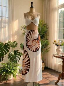 Women's Summer Vacation Casual Printed Spaghetti Strap Dress - White - View 1