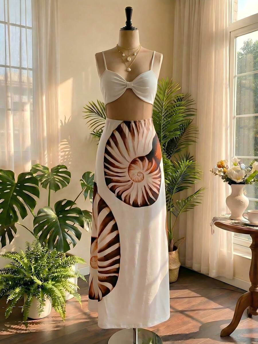 Women's Summer Vacation Casual Printed Spaghetti Strap Dress - White - View 1