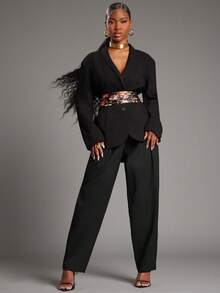 NYA SZN Lydia Printed Jacket Blazer Oversized Button Up Plunge Neck Modest Old Money Business Casual Everyday Casual Vintage Church Office Teacher Back To School Spring Winter Valentines Suitable For Commuting Outfits For Women - Black - View 5