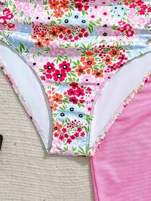 SHEIN Tween Girl Ditsy Floral One-Piece Swimsuit With Beach Skirt - Baby Pink - View 5