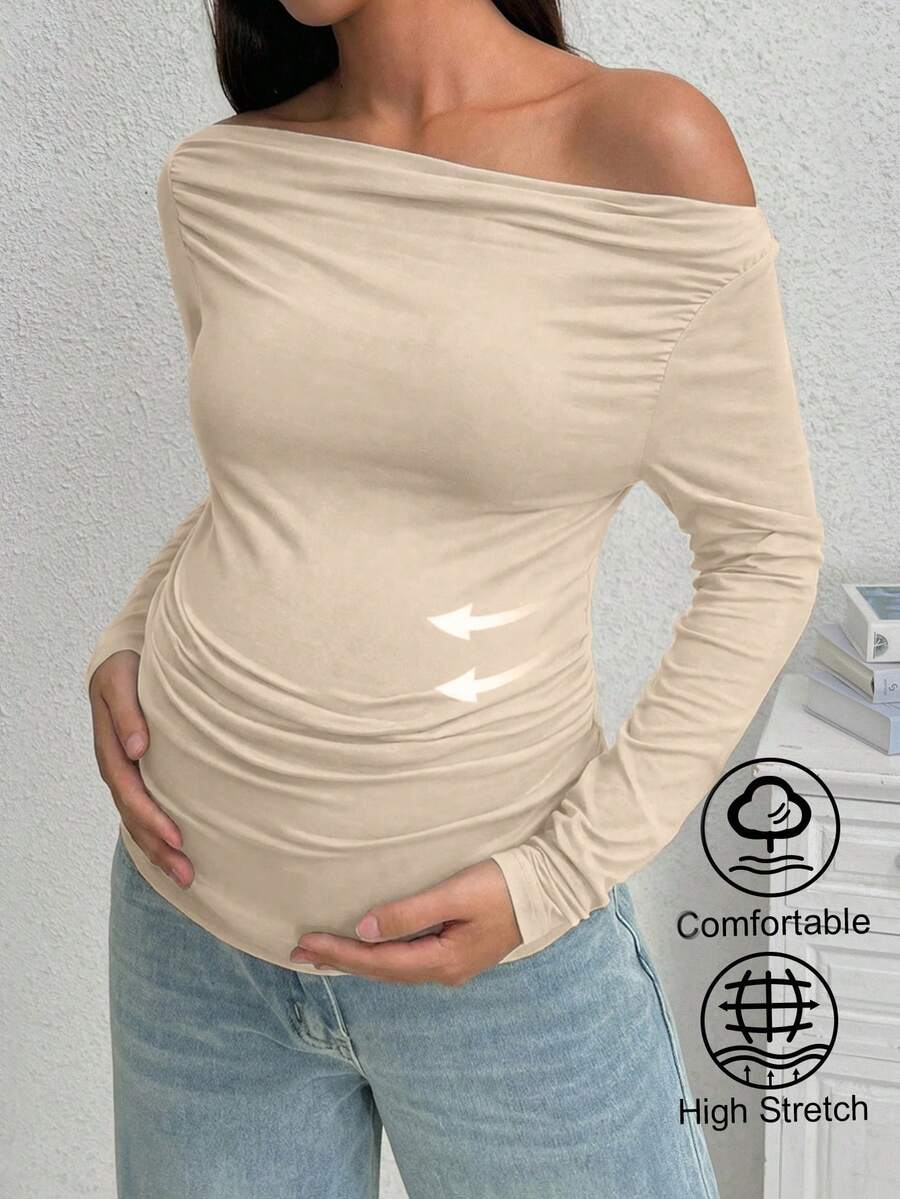 SHEIN Áo thun dài tay ôm dáng, màu trơn, xếp ly, vai lệch, dành cho bà bầu. - Màu be - Xem 1