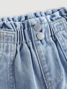 SHEIN Young Girls New Vacation Sunflower Ruffle Elastic Waist Soft Washed Relaxed Casual Fashion Jeans,Spring Outfits, Summer Outfits,Casual And Fashionable Vacation Outfits,Street Wear,2000s Style  ,Comfortable And Soft Denim Pants - Blue - View 3
