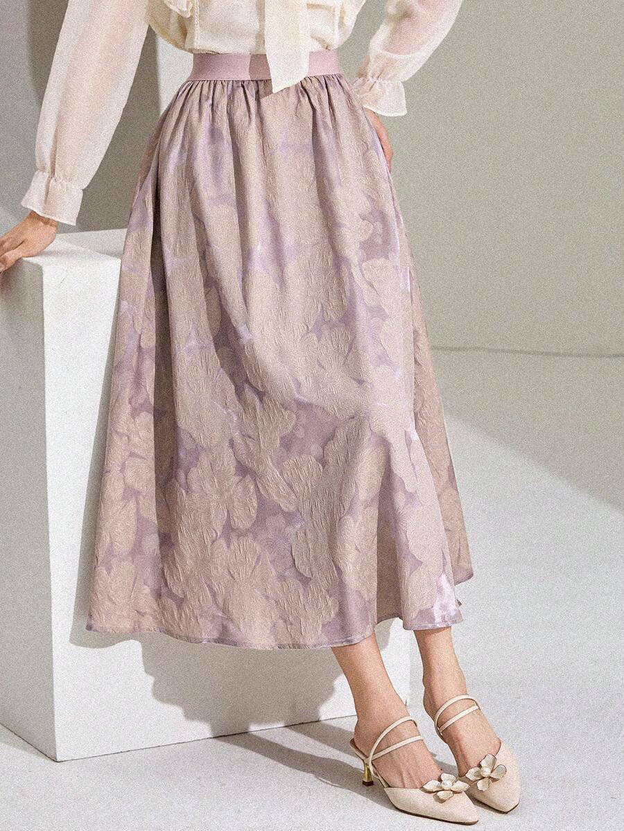DAZY Women's Floral Jacquard Elastic Waist Pleated Elegant Skirt - Purple - View 1