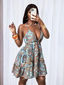 BamGleam 弹性度假连衣裙，印花图案，荷叶边下摆，后背交叉系带设计 - 彩色 - 查看 4