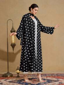 Al Najma Women's Elegant Polka Dot Print Front Open Loose Arabic Abaya Robe - Black and White - View 6