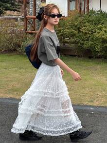 DAZY قميص تي شيرت بياقة دائرية وأكمام قصيرة مزين بطباعة الحرف والفيونكة، للربيع للفتيات المراهقات - رمادي - مشاهدة 2