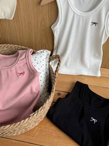 Dazy Kids 3件套少女针织圆领蝴蝶结刺绣背心套装，秋季 - 彩色 - 查看 1