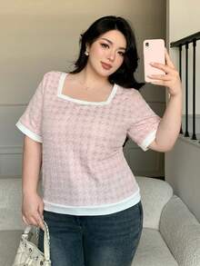 Dazy Plus 大码撞色方领短袖宽松粉色T恤，春夏款 - 粉色 - 查看 4