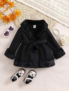 SHEIN Tween Girls Cute Black Faux Fur Trim Waist Overcoat, Autumn/Winter