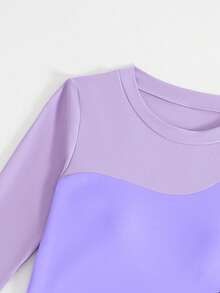 SHEIN 少女两件式泳衣套装，紫色拼接长袖比基尼上衣和下装，沙滩度假泳装