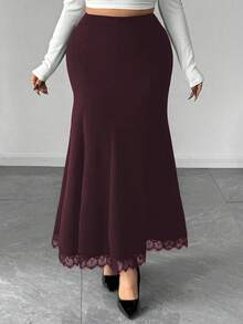 Elenzga Chân váy midi đuôi cá cạp cao co giãn phối ren mới thanh lịch dành cho nữ cỡ lớn - Màu nâu  Mocha - Xem 5