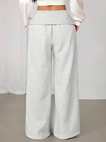 SHEIN PETITE Extreme Wide Leg Fold Over Waist Pants Casual Summer Airport Fall Autumn Winter Christmas Thanksgiving - White - View 3