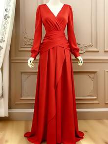 GlowEve Red Elegant Long Evening Dress, Waist Cinched Long Sleeve Dress, Middle Eastern Style Dress, French Luxurious Chic Long Gown - Red - View 7