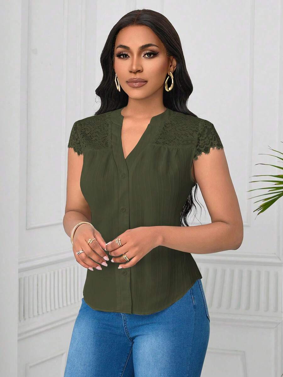 SHEIN Unity Elegant Lace Patchwork Wave Striped Short Sleeve Women Blouse - Army Green - View 1