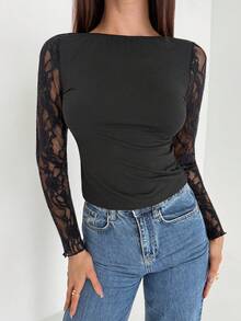 Aloruh Women's Backless Lace Patchwork Sexy Fashion T-Shirt - Black - View 6