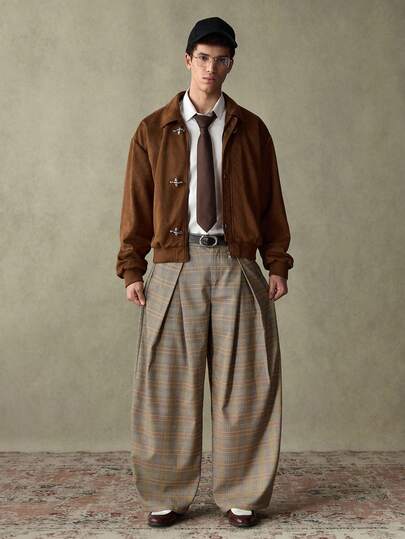 SWAVVY Men's Pleated Plaid Wide Leg Loose Casual Pants Men Wide Leg Pants Pleated Pants Men Japanese Pants For Men Tapestry For Men Pants Men Plaid Pants