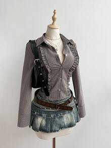 Elamini 复古条纹拼接荷叶边领收腰长袖衬衫，女士，春夏款 - 棕色 - 查看 4