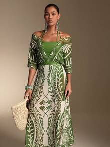 Swim Oasis 26SS 春夏度假系列优雅米色与绿色撞色波西米亚风半身裙套装 - 彩色 - 查看 5