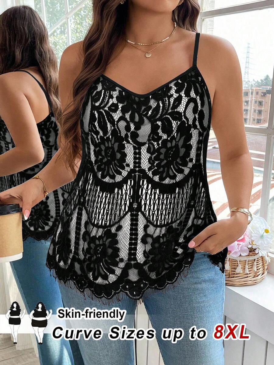 SHEIN CURVE+ 大码女式花卉蕾丝宽松优雅吊带背心，女士假日装扮，女士秋季服装，冬季，CURVE PLUS - 彩色 - 查看 1