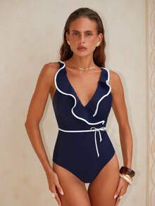 Swim Chiccia 1 bộ đồ bơi liền thân nữ màu trơn phối tương phản, cổ chữ V xếp nếp, dây đeo có thể điều chỉnh, hở lưng, thanh lịch. - Màu xanh hải quân - Xem 1