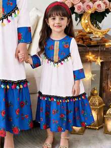 SHEIN Young Girl Floral Print Patchwork Long Sleeve Casual Arabian Dress,Modest Loose V-Neck Lace Trim Fringe,White,Autumn,Traditional,Wedding Holiday - Blue - View 1