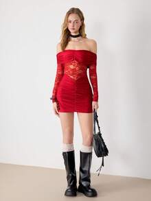 Ardnt 性感露肩蕾丝拼接褶皱紧身连衣裙，别致又性感，适合情人节 - 酒紅色 - 查看 4