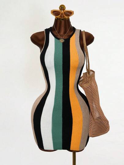 Mistrie 女士针织无袖撞色毛衣连衣裙，收腰设计，显瘦性感，适合度假、旅行、休闲、派对等场合，春、夏、秋、冬四季皆宜。