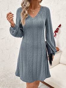 SHEIN Clasi 提花磨毛V领休闲百搭长袖连衣裙 - 灰色 - 查看 4