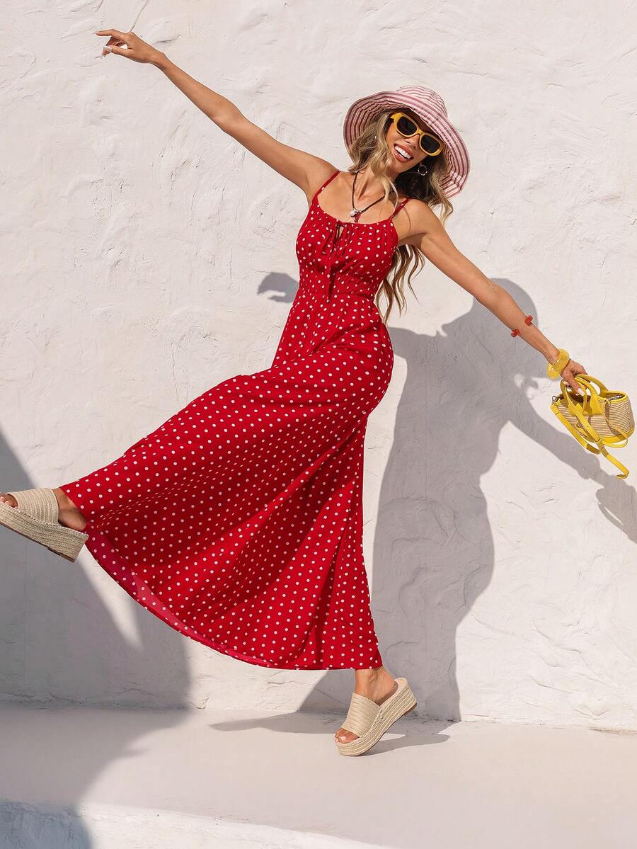 Vivid Eden 春夏休闲度假风前系带A字波点吊带连衣裙，女士度假装，女士假日装，夏季假日装，女士海滩度假装，女士度假连衣裙，红色波点连衣裙，女士长款连衣裙，女士波点连衣裙 - 紅白色 - 查看 1