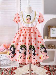 Young Girl Pattern Rose Print Pink Summer Fairy Dress - Multicolor - View 6